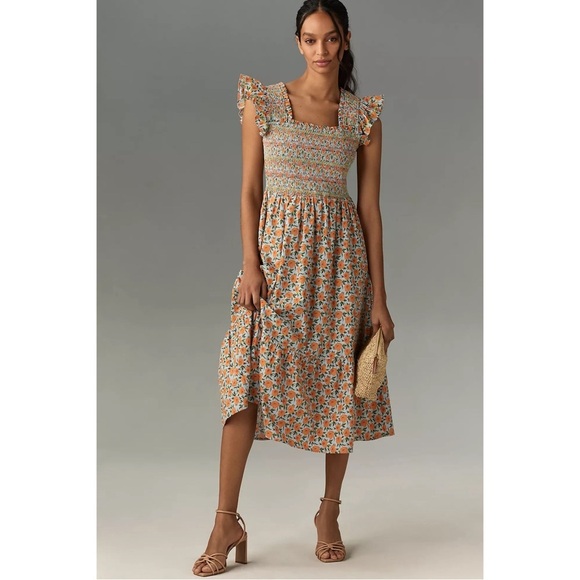 Anthropologie Floral Smocked Midi Dress Square Neck Cotton Large NWT - Picture 10 of 10